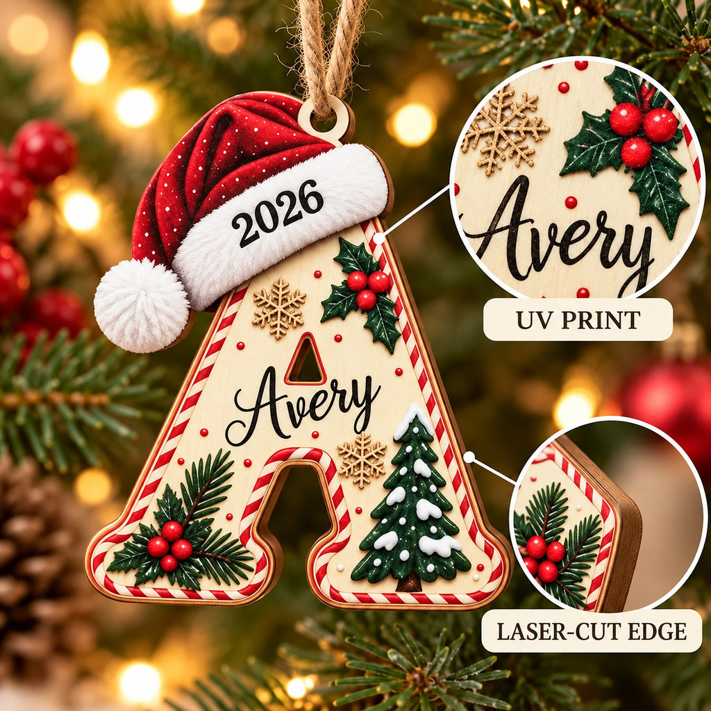 Close-up of the letter A ornament: name in script, 2026 on the Santa hat