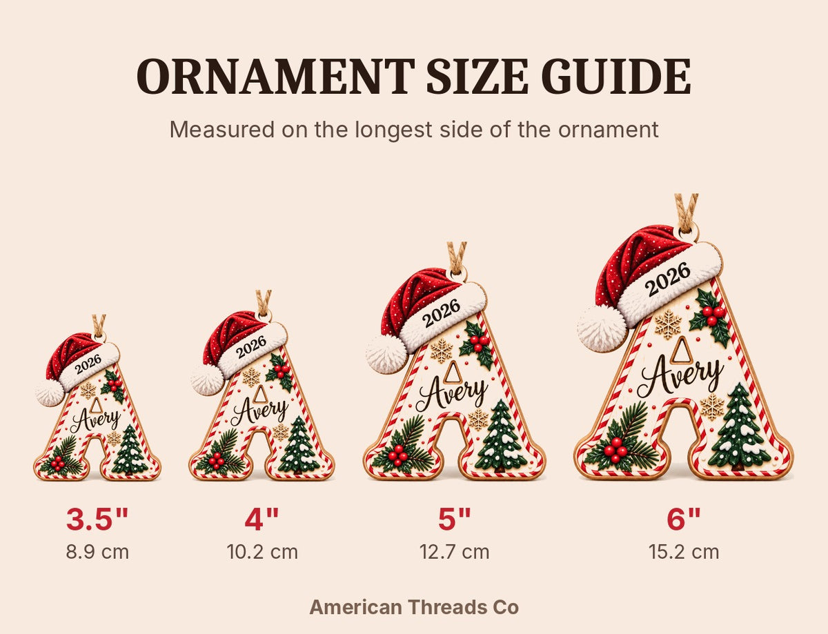 Acrylic ornament size guide: 3.5, 4, 5 and 6 inches, measured on the longest side