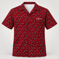 Design 1 burgundy red Christmas tree Hawaiian shirt with name Olivia on the left chest