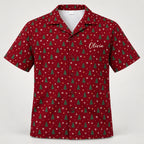 Design 1 burgundy red Christmas tree Hawaiian shirt with name Olivia on the left chest