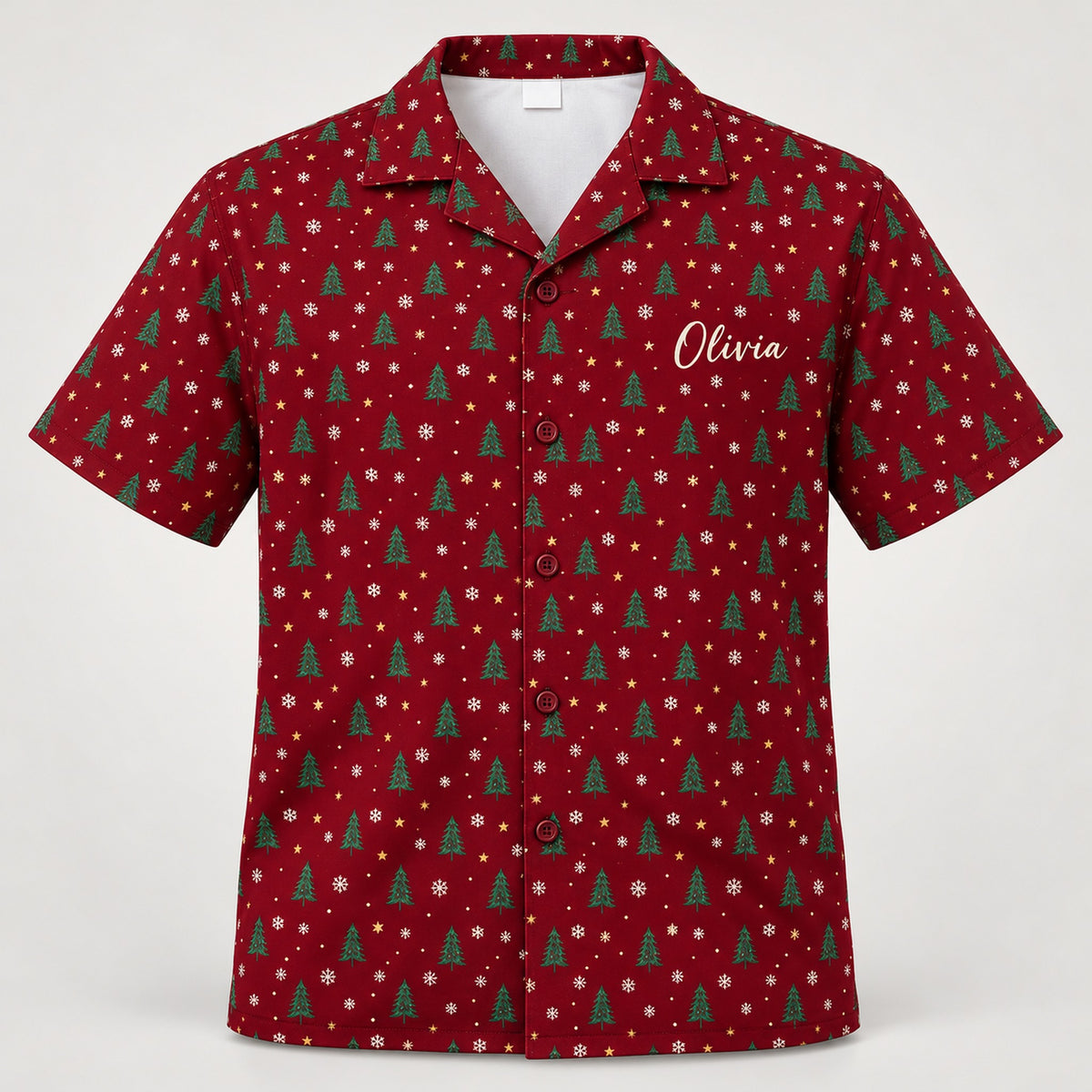 Design 1 burgundy red Christmas tree Hawaiian shirt with name Olivia on the left chest