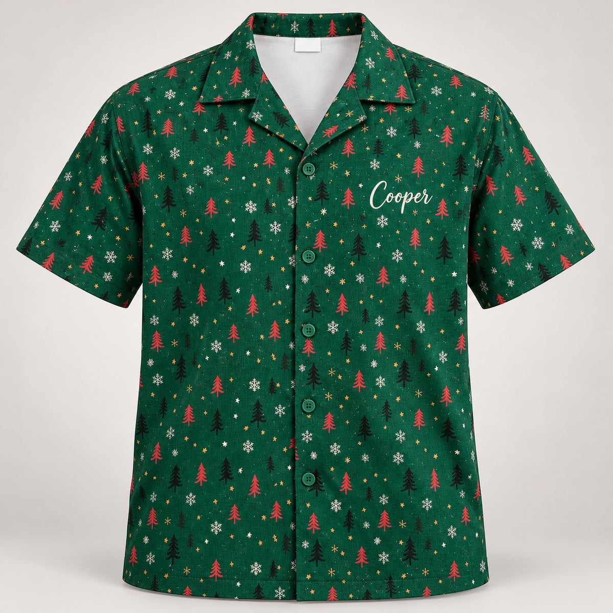Design 2 forest green Christmas tree Hawaiian shirt with name Cooper on the left chest
