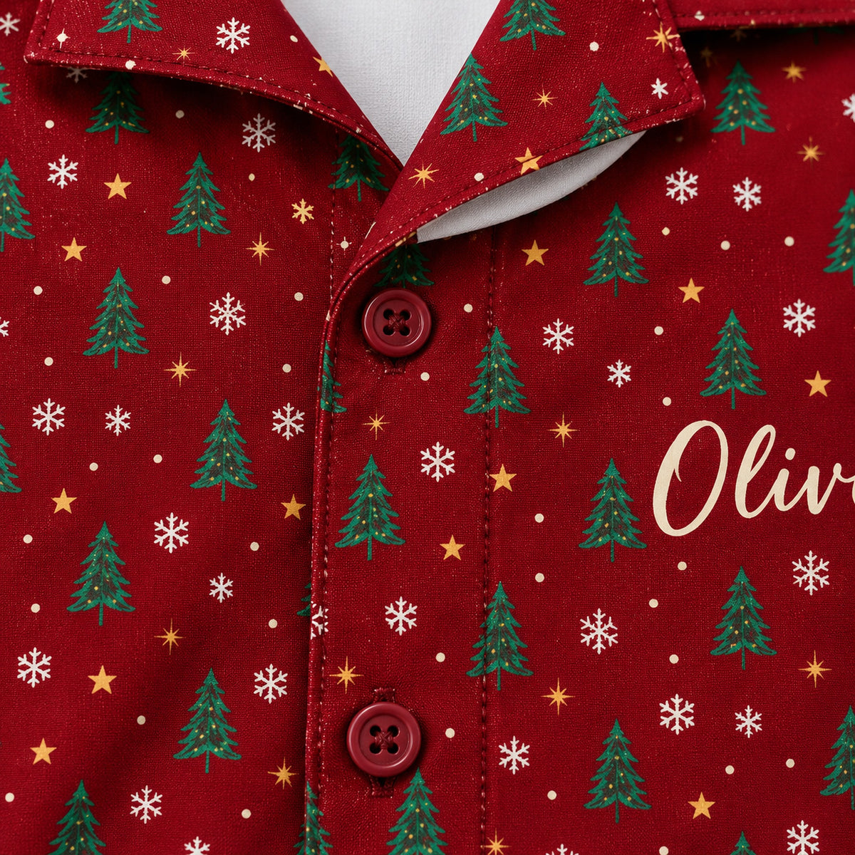 Close-up of the red fabric and printed name