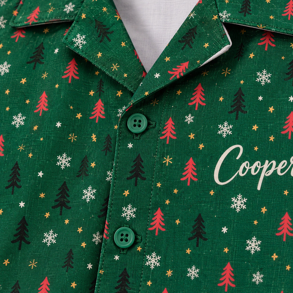 Close-up of the green fabric and printed name