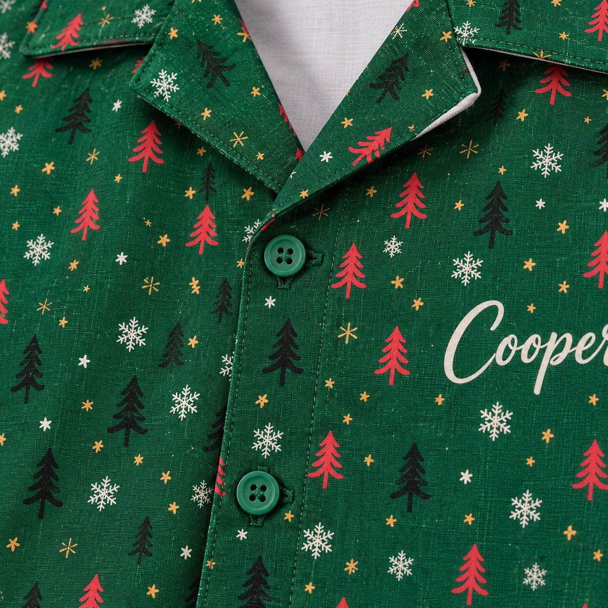 Close-up of the green fabric and printed name
