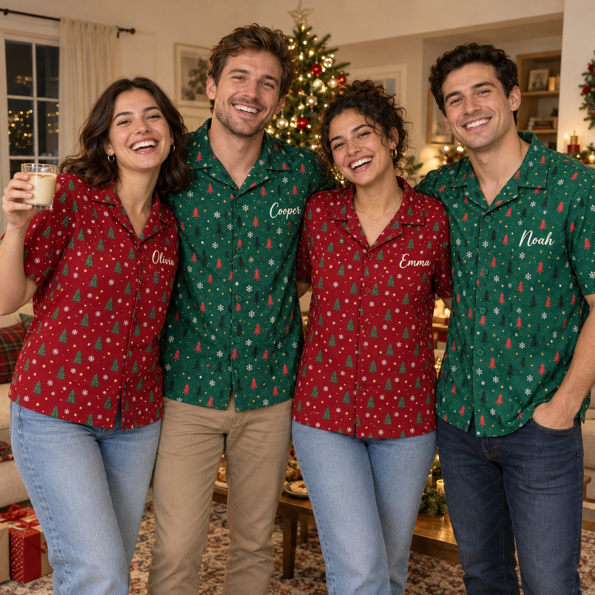 Four friends in matching personalized Christmas tree Hawaiian shirts, red and green, each with a name on the chest