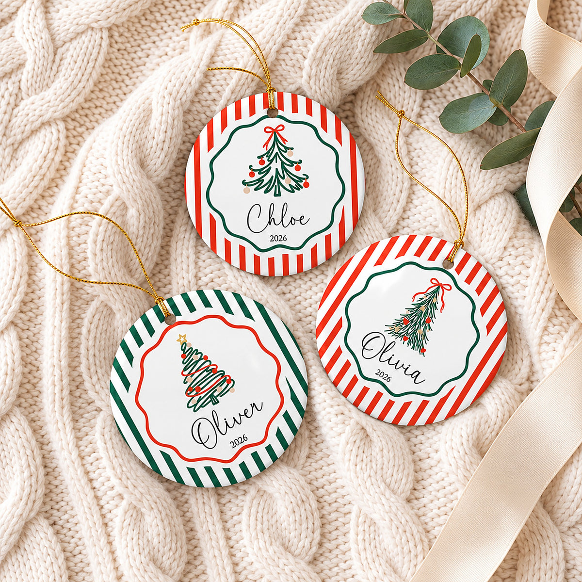Three personalized round ceramic Christmas ornaments with hand-drawn trees, names and 2026