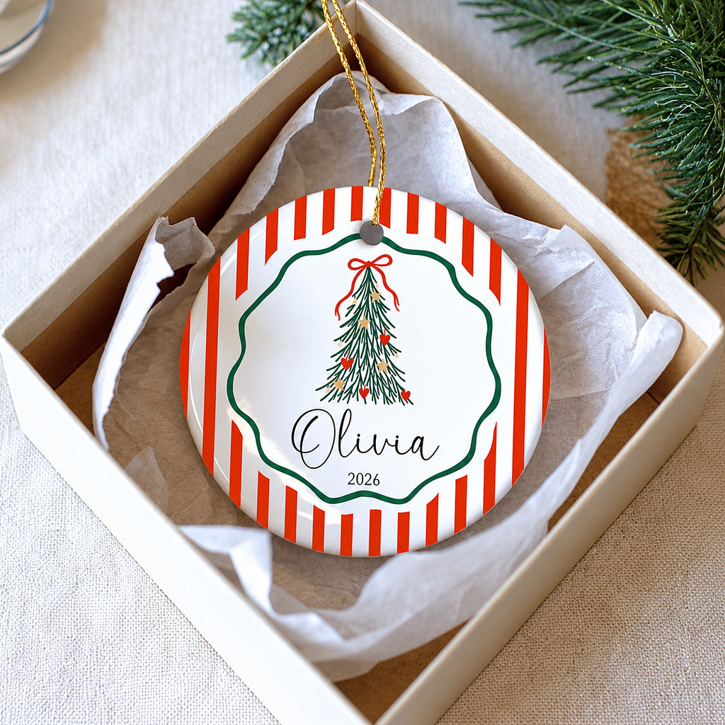 Personalized ceramic Christmas tree ornament Olivia 2026 in a gift box