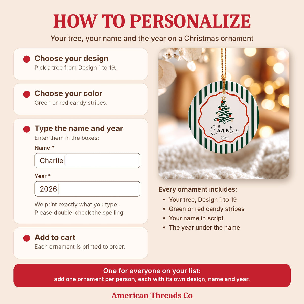 How to personalize: choose your design and color, type the name and year