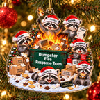 Personalized Dumpster Fire Response Team raccoon acrylic ornament hanging on a Christmas tree