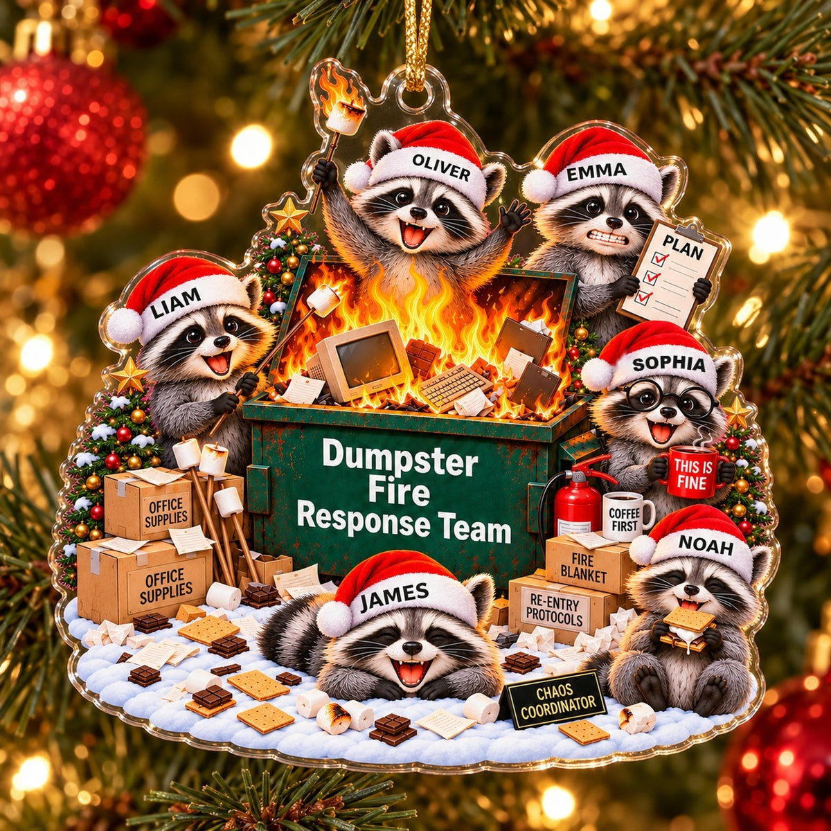 Personalized Dumpster Fire Response Team raccoon acrylic ornament hanging on a Christmas tree