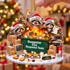 Hand holding the Dumpster Fire Response Team ornament with 3 named raccoons