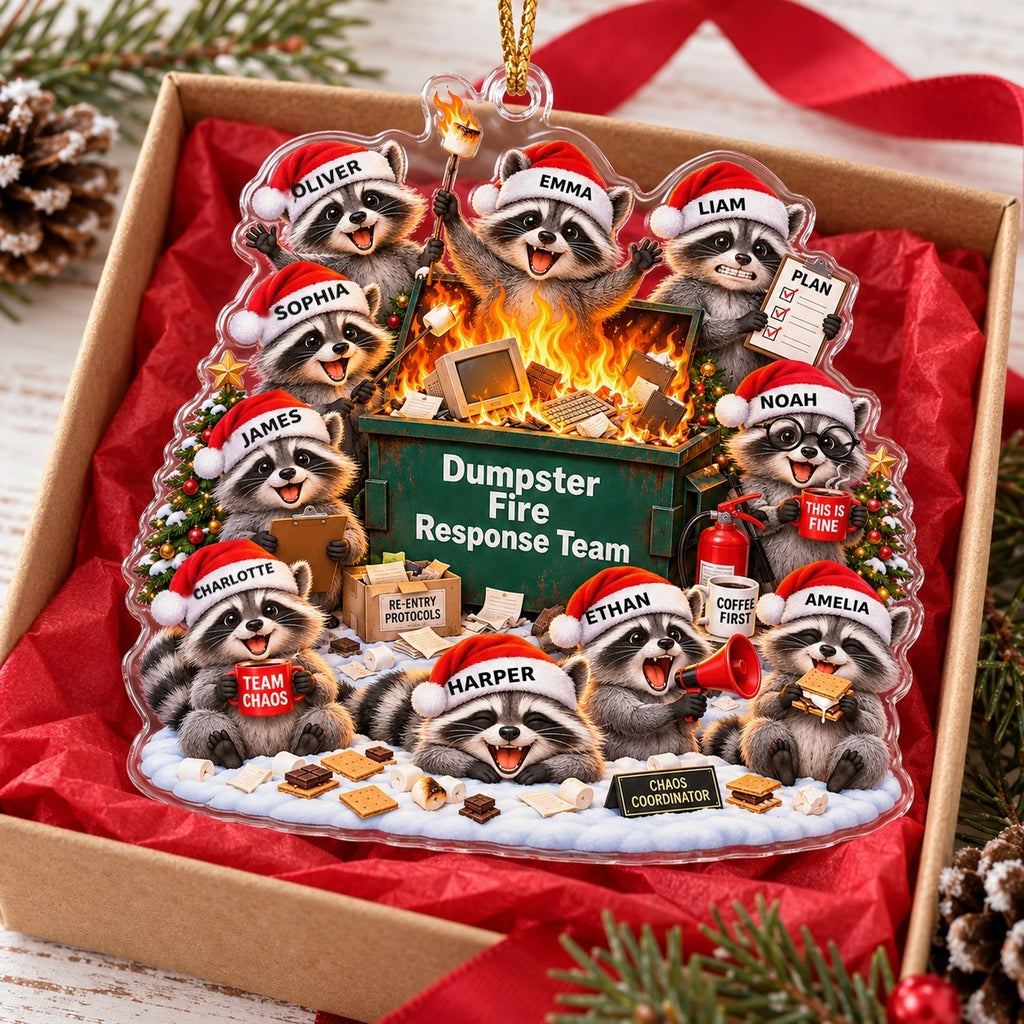 10 raccoon Dumpster Fire Response Team ornament in a gift box