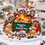 Dumpster Fire Response Team acrylic ornament on snow