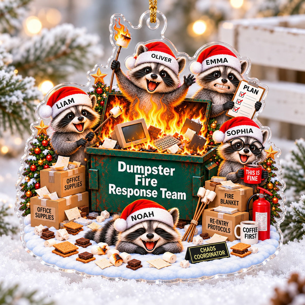 Dumpster Fire Response Team acrylic ornament on snow