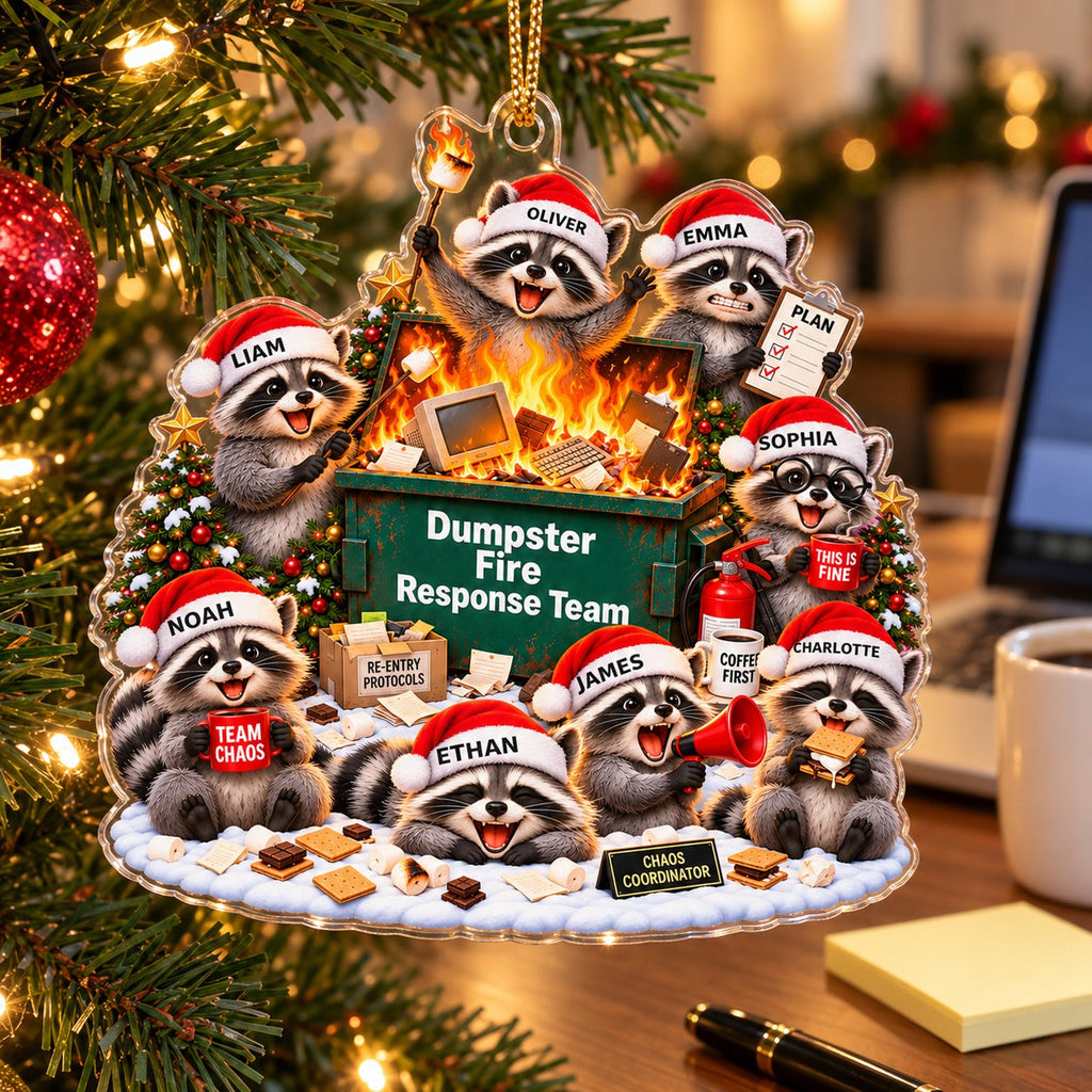 Dumpster Fire Response Team ornament on an office desk tree, coworker gift