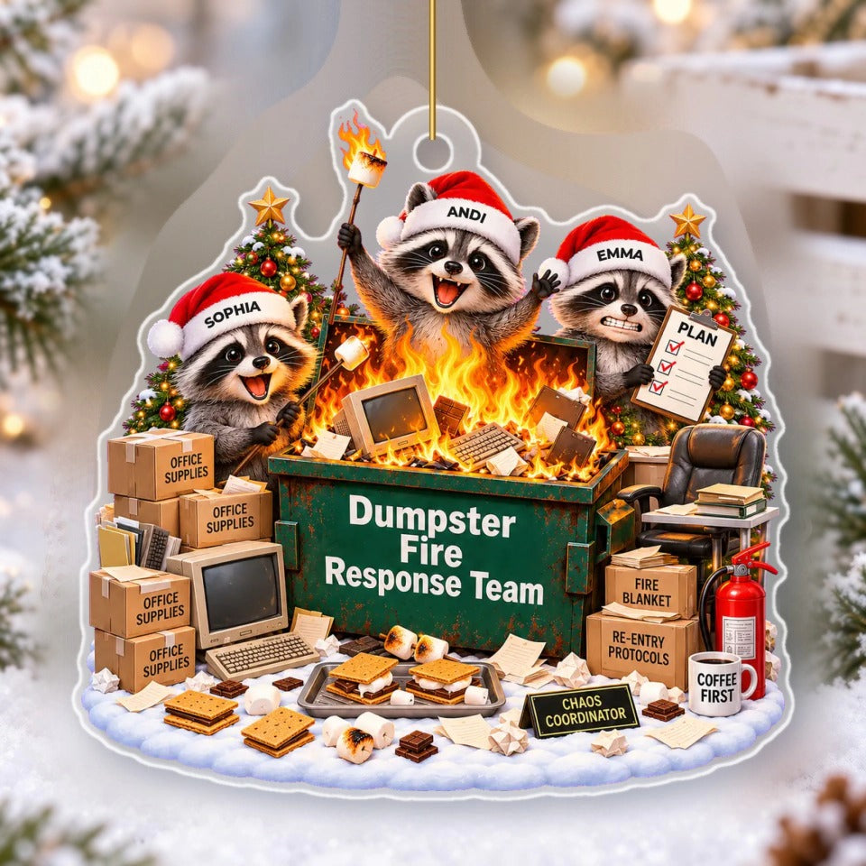 Dumpster Fire Response Team acrylic ornament with 3 personalized raccoons