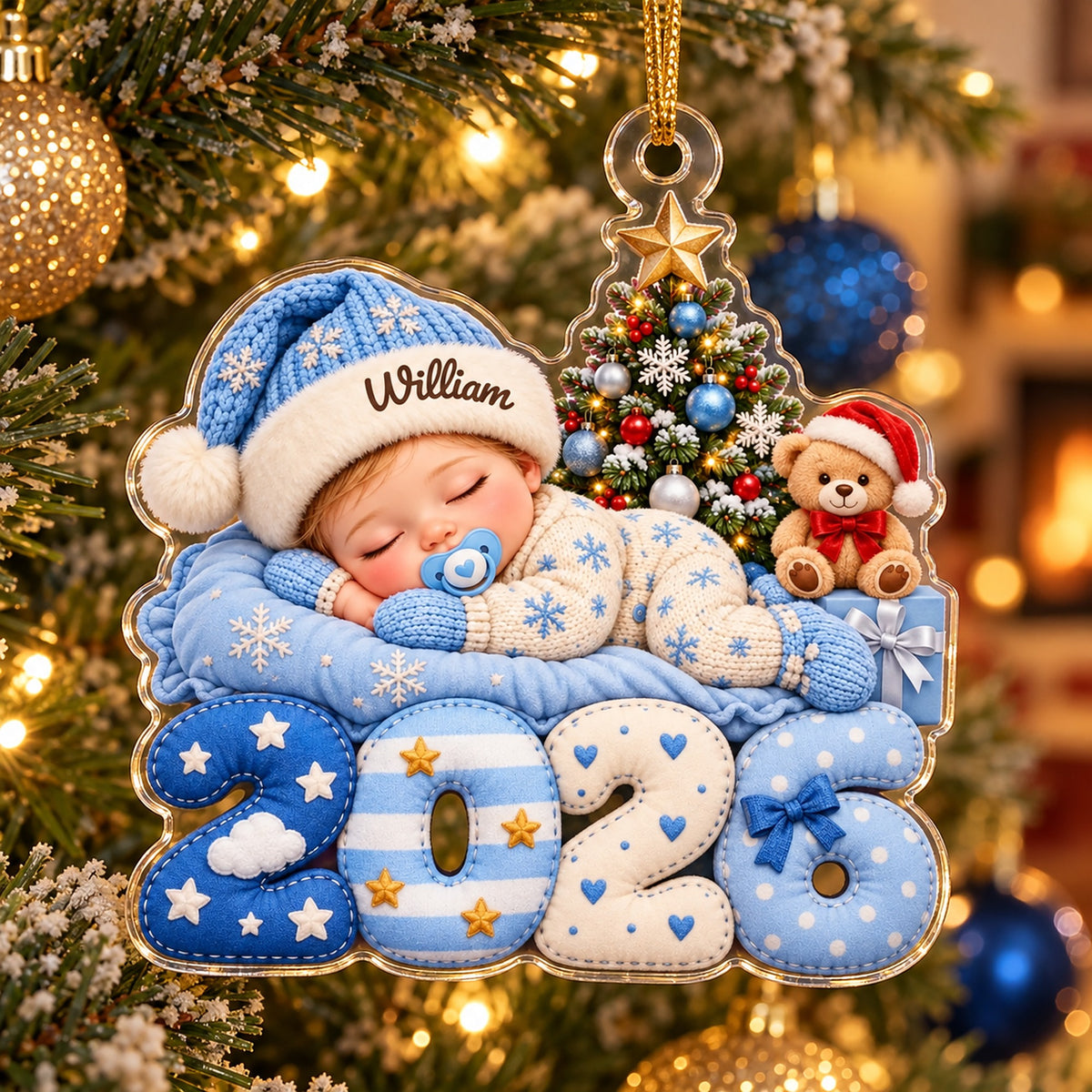 Sleeping baby 2026 personalized acrylic ornament with name William hanging on a Christmas tree