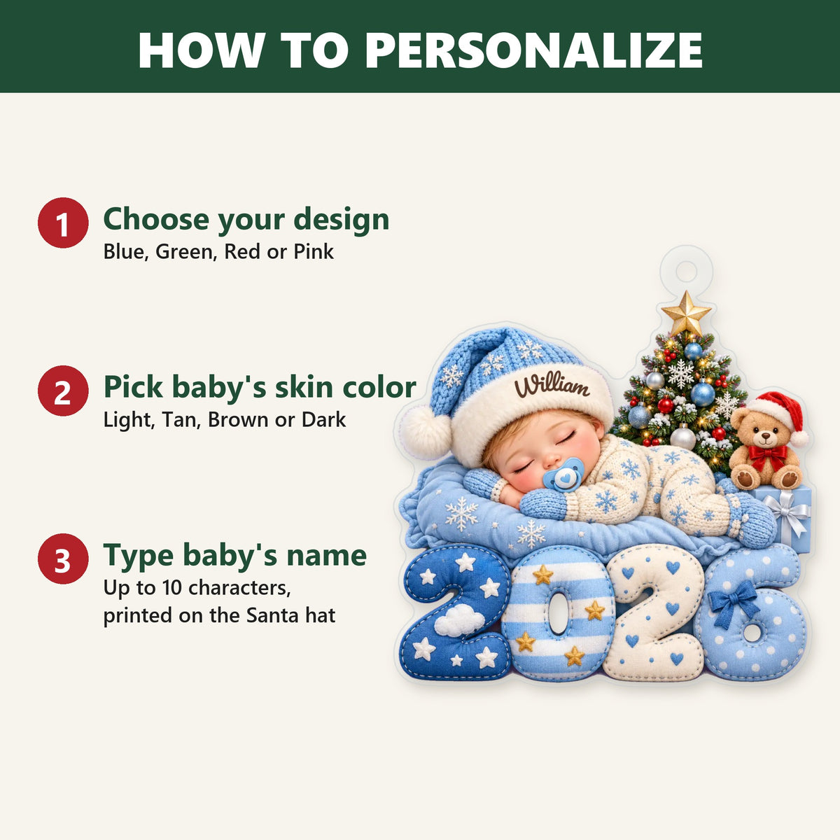 How to personalize: choose design, pick skin color, type baby's name