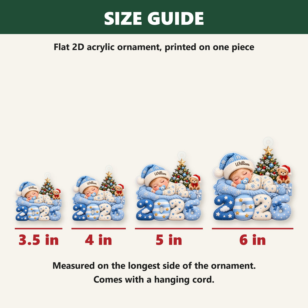 Acrylic ornament size guide 3.5, 4, 5 and 6 inches