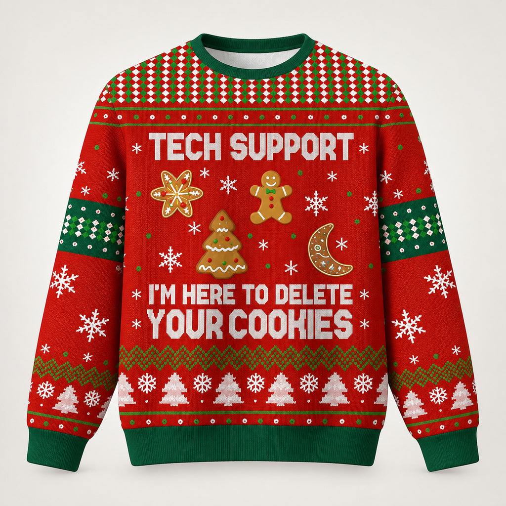 Red & Green Tech Support ugly Christmas sweater, front view