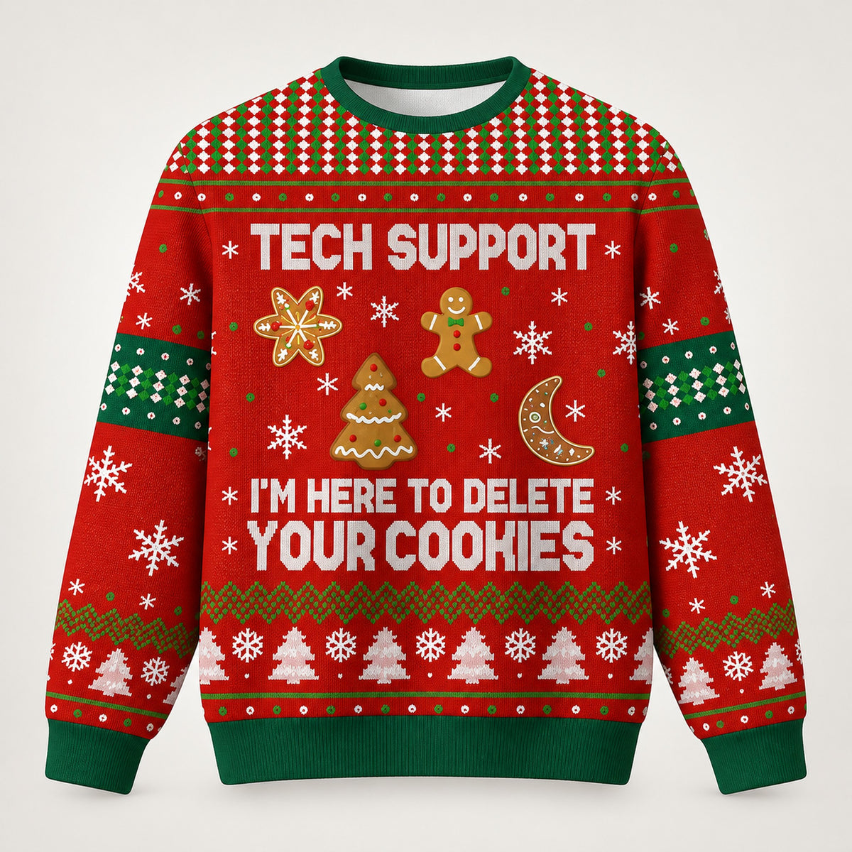 Red & Green Tech Support ugly Christmas sweater, front view