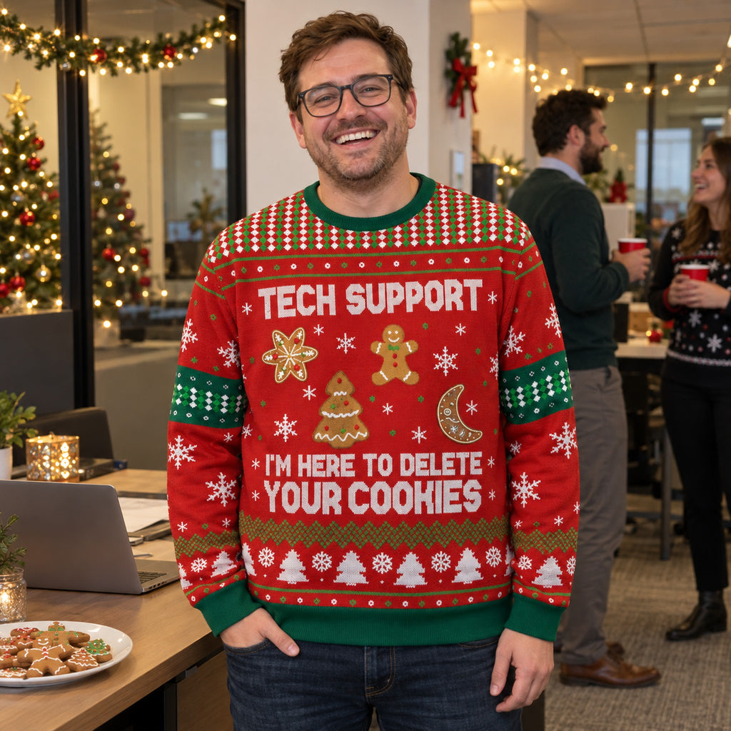 Man wearing the Tech Support ugly Christmas sweater at an office party