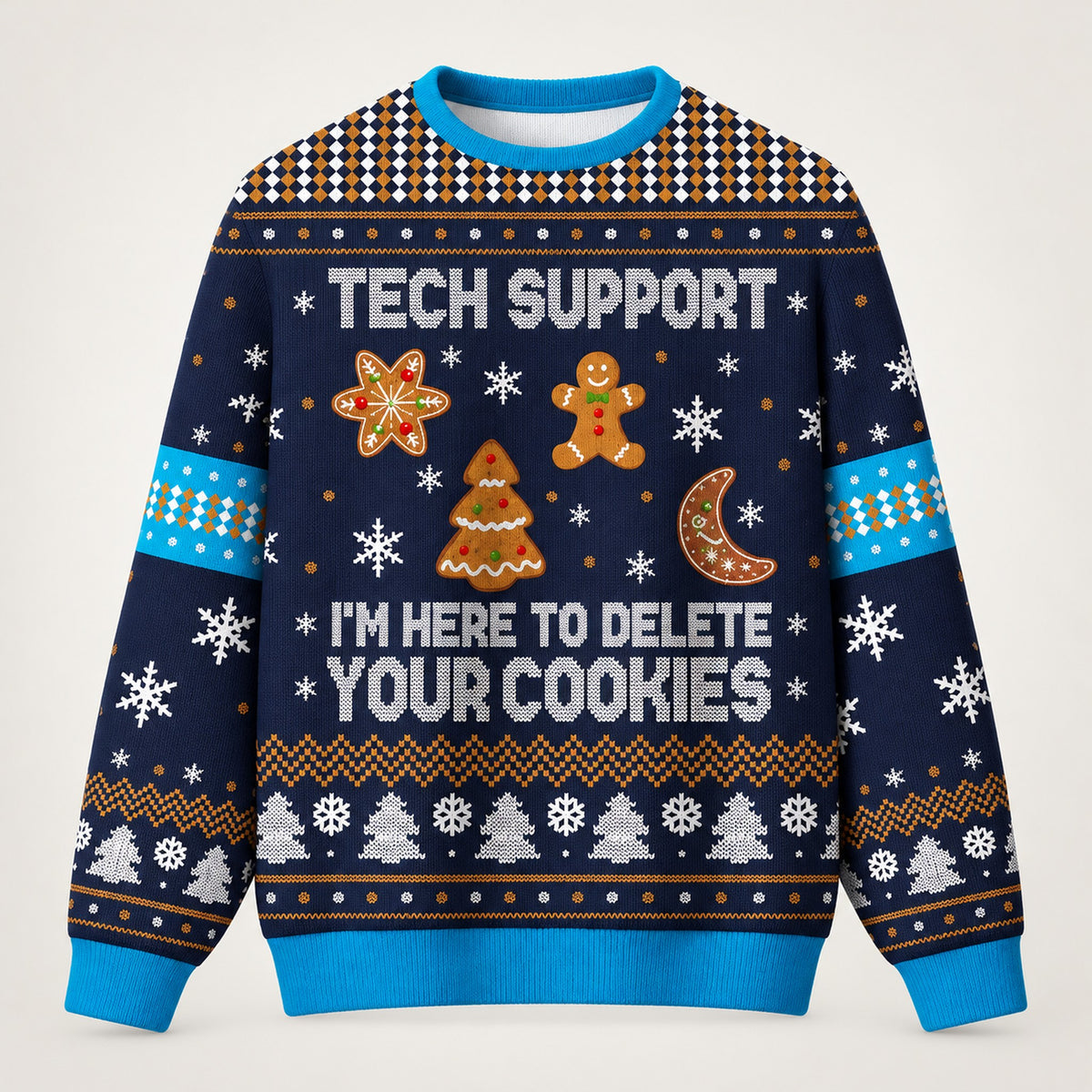 Navy & Blue Tech Support ugly Christmas sweater, front view