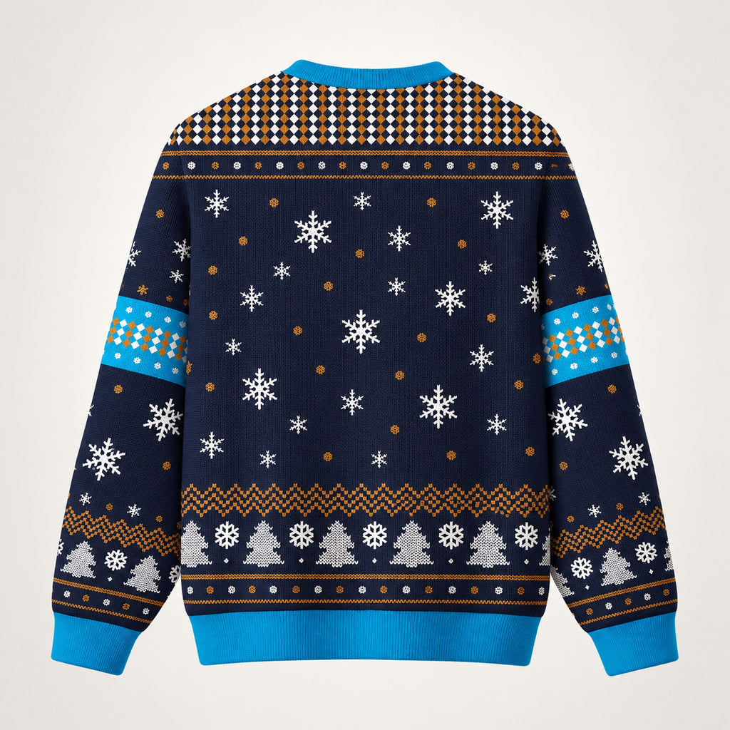 Navy & Blue Tech Support ugly Christmas sweater, back view