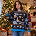 Woman wearing the Navy & Blue Tech Support ugly Christmas sweater